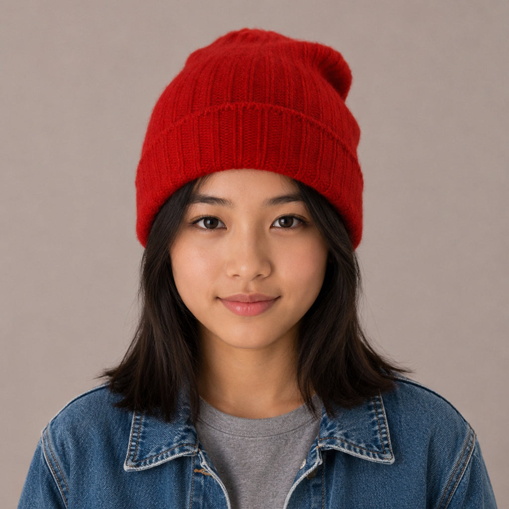 CASHMERE RIBBED HAT WITH FOLDED CUFF-FIRE RED