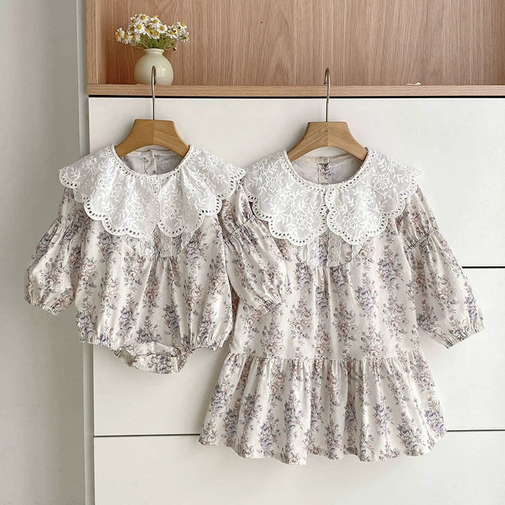 MyKids-USA® Baby Girls Flowers Pattern Long-sleeved bodysuit or Dress – Princess Sister Matching